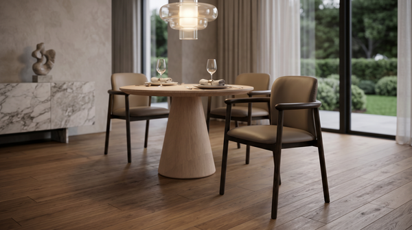 The Yvette Chair is featured here with the Raya Dining Table Round 